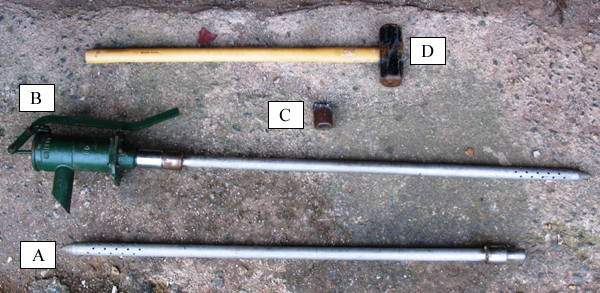 Bou-Rouch sampling equipment. A: Perforated zinced iron pipe. B: Piston pump attached to pipe. C: Protective striking cap. D: Hammer.